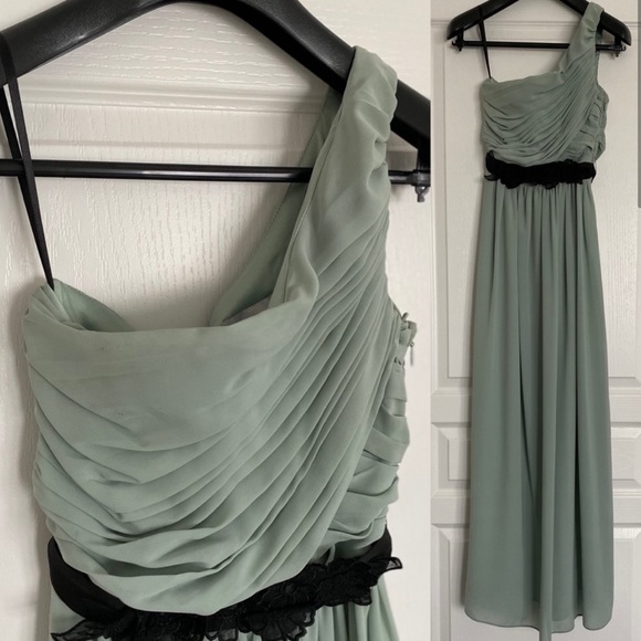H&M Dresses Hm Light Sage Green With Black Floral Belt One Shoulder